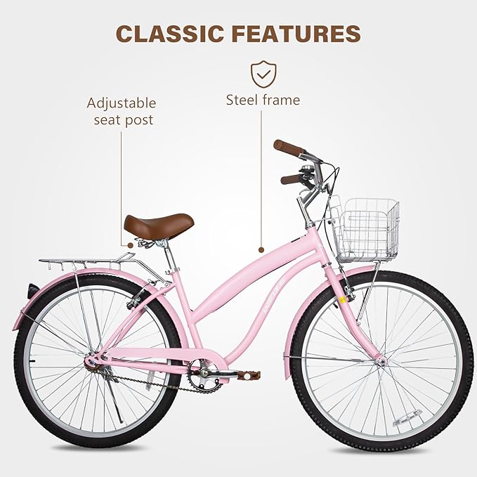WEIZE Beach Cruiser Bike, 26 inch Commuter Bicycle for Adult Men and Women,High-Carbon Steel/Front & Rear Fenders, Comfortable City Bikes with Rear Rack or Basket, Ergonomic Upright Design