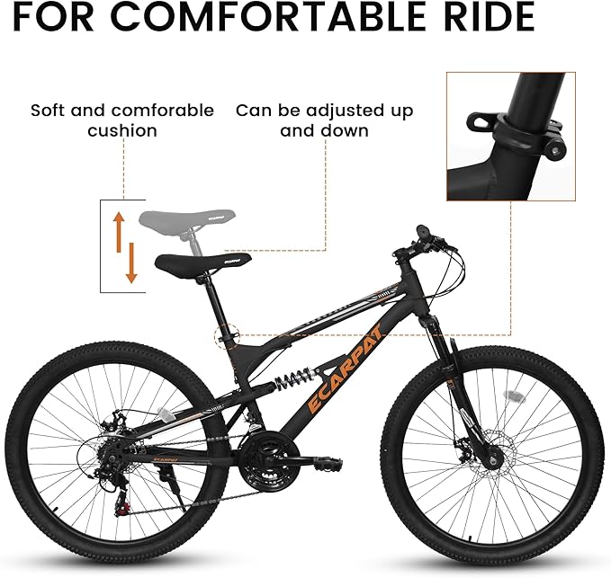 Ecarpat 24/26/27.5 Inch Mountain Bike, Full/Front Suspension Mens Boys Mountain Bike with 21 Speed Steel Frame and Dual Disc Brakes, Adult Sport Bicycle for Trail City Road, Gift Choice