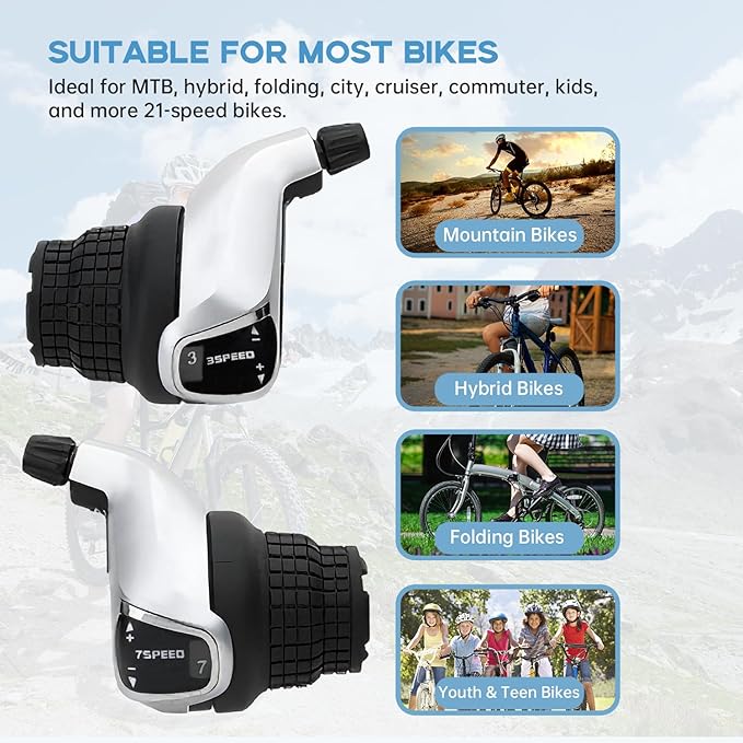 3x7 Speed Grip Shifter, Left 3 Speed Grip Shifter and Right 7 Speed Shifters Bicycle Gear Shifter 21 Speed for MTB City Commuter Youth & Kids Bikes (Black and Silver)