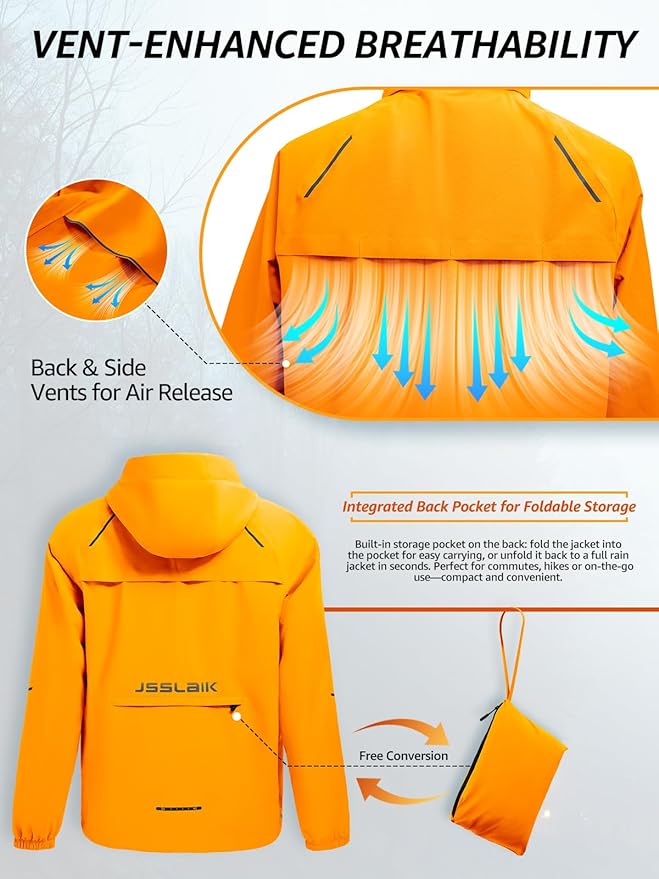Men's Rain Jacket Waterproof Windproof Breathable for Hiking Cycling Commuting with Hood & Pockets