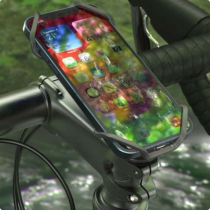 Bike Stem Phone Mount with Shockproof Silicone Grip – Quick-Lock Aluminum Out-Front Holder with Quad Safety Buckles & Elastic Strap, Fits 4.0”–6.7” Phones – Secure Fit for Road & Urban Rides