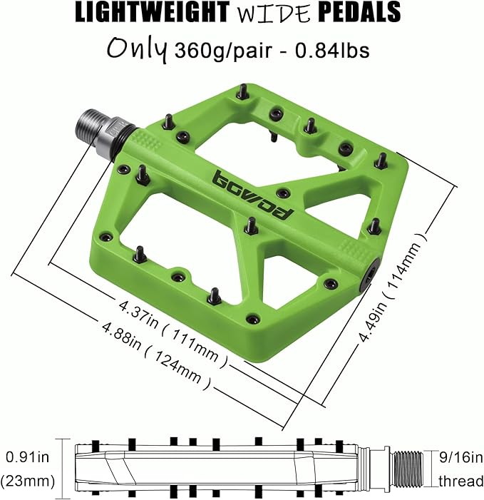 MTB Pedals Large Mountain Bike Pedals, Lightweight Nylon Fiber Composite Bicycle Platform Pedals, Grippy Pedals w 18 Pins, Cr-Mo Spindle fit w 2 Bearings, Clipless Pedals for BMX MTB Bike 9/16"