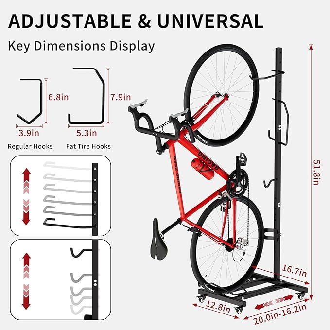Vertical Bike Stand with Wheels, Space-Saving Freestanding Bike Rack, 360° Moveable Adjustable Height Indoor Bike Storage for Garage & Apartment, Floor Bike Parking Holder for Bikes up to 22”-29”