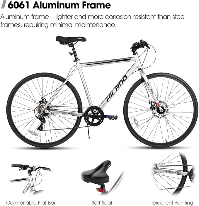 HILAND 700C Road Hybrid Bike, 7 speeds Bikes Urban City Commuter Bicycle with Disc Brake for Men Women Adult Comfortable Bicycle