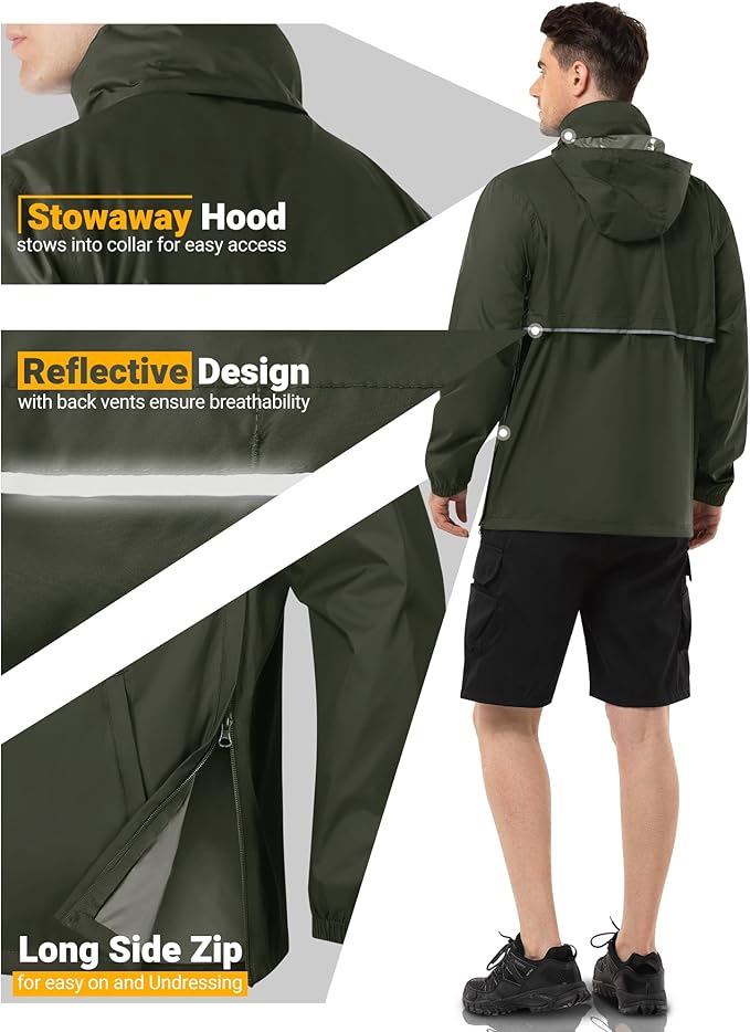 Outdoor Ventures Men's Rain Jacket Waterproof Lightweight Packable Rain Pullover for Hiking Golf Running