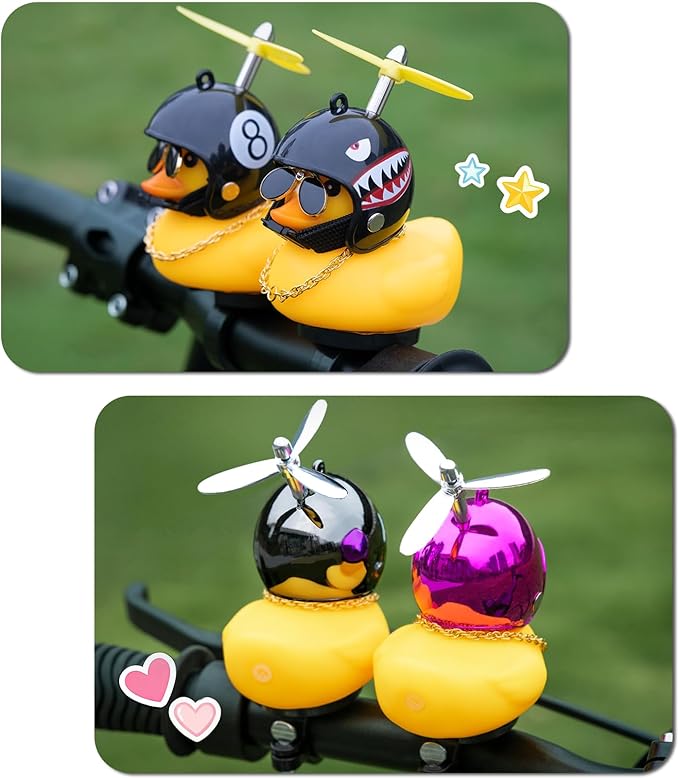 Rubber Duck Bike Decorations [New Stable Clamp Mount] Cute Squeak Duck Bike Bell [Two Helmet Propeller] Funny Bike Accessories E Scooter Motorcycle Cycling Gifts