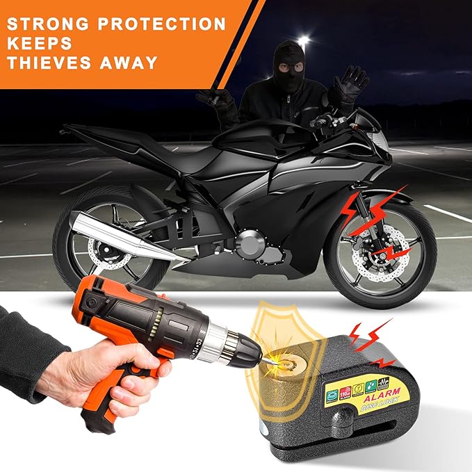 Motorcycle Alarm Disc Brake Lock, Motorcycle Locks Anti-Theft Security Wheel Disc Lock Waterproof 110dB Alarm Sound with 5ft Reminder Cable Keys and Carry Pouch for Motorbike Bike Scooter