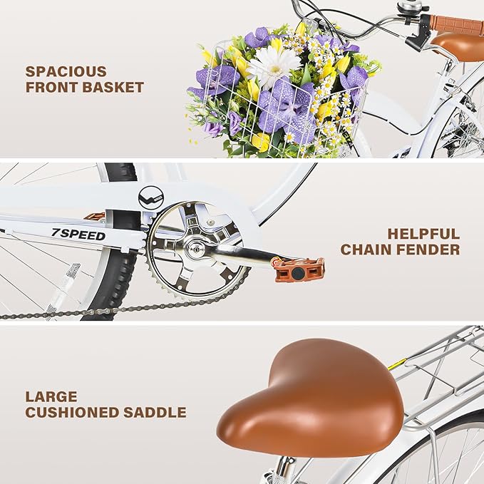 WEIZE Beach Cruiser Bike, 26 inch Commuter Bicycle for Adult Men and Women,High-Carbon Steel/Front & Rear Fenders, Comfortable City Bikes with Rear Rack or Basket, Ergonomic Upright Design