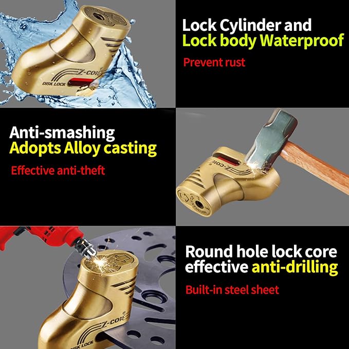 Heavy Duty Motorcycle Locks - Anti Theft Cable Locks with Combination, Bike Lock with Key, Mini Lock, Wheel Disc Lock Accessories for Adult Bikes