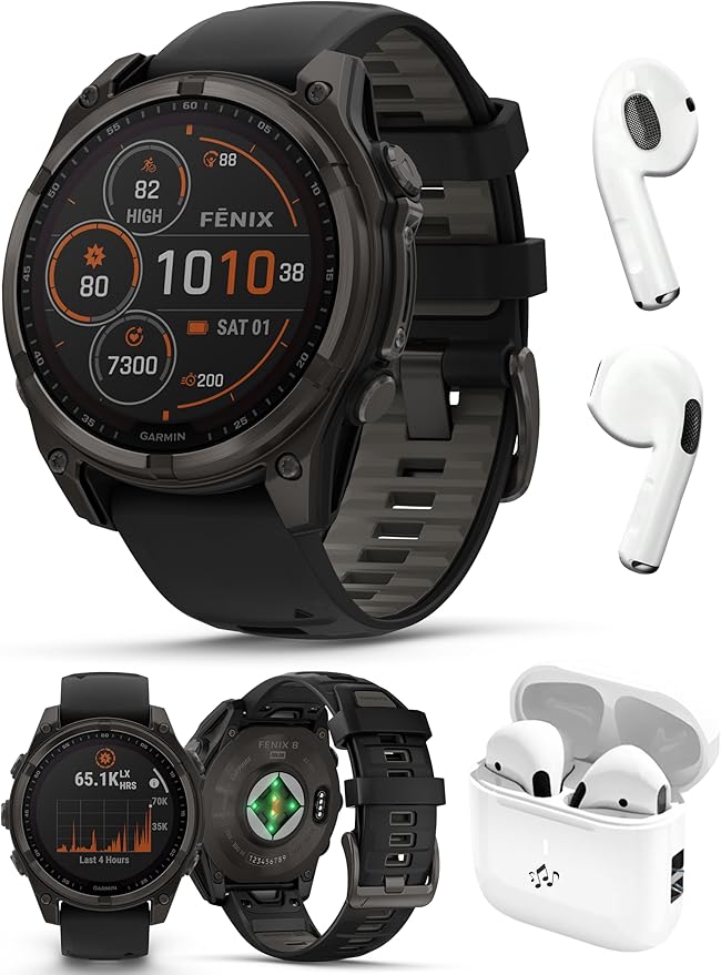 PlayBetter Garmin Fenix 8 Solar Sapphire (47mm, Carbon Gray DLC Titanium) Multisport GPS Smartwatch Bundle - 1.4” Touchscreen, Built-in LED Flashlight Wireless Running Earbuds