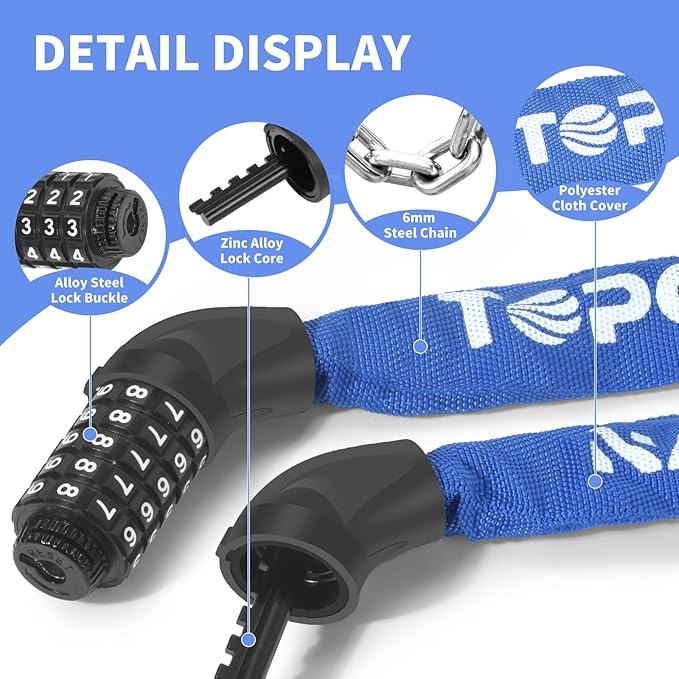 Bike Chain Lock 3.2Ft Long High Security Heavy Duty Anti Theft, 5 Digit Combination Resettable Keyless Bicycle Lock for Bike/Electric Scooter/Ebike/Motorcycle(Blue)