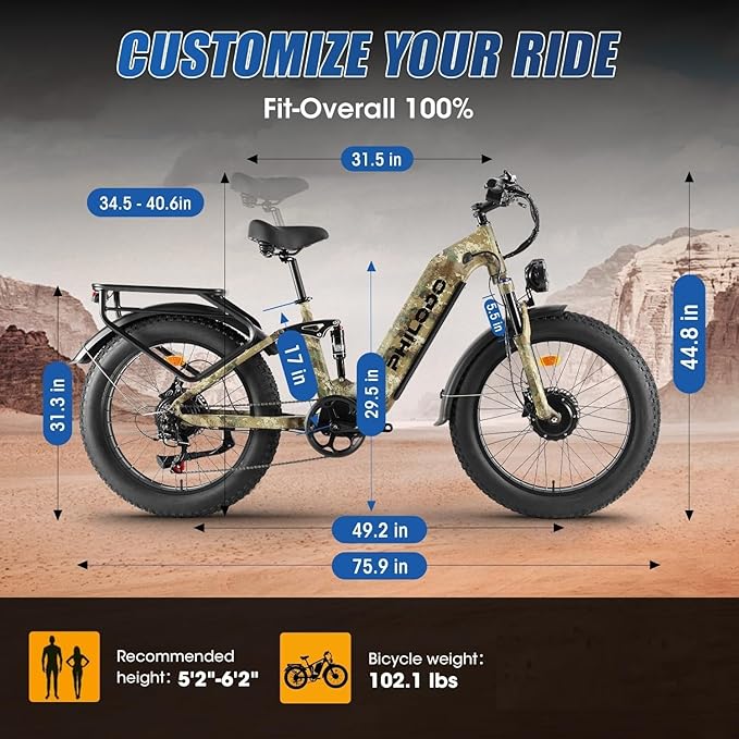 PHILODO Electric-Bike for Adults, Dual-Motor-Ebike Hunting-Ebike 5000W, 60V 32AH Long Range Dirtbike, Fat-Tire-Electric-Bicycle, Full Suspension for Off-Road Snow Sand