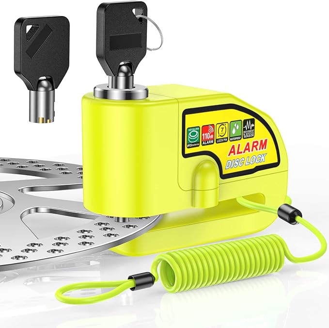 ONVIAN Motorcycle Disc Brake Lock with 120dB Alarm, Rechargeable Waterproof Motorcycle Locks Anti Theft for 7mm Motorcycle Brake Helmet Scooter Wheel Lock 5FT Reminder Cable (Lemon Yellow)