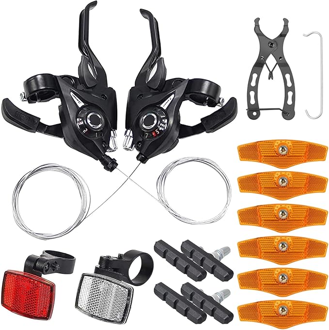 EF51-7 Speed Gear Shift Lever Brake Lever with Brake Cable 3 x 7 Gear Lever Set with Gear Indicator Bicycle Brake Pads Bicycle Reflectors Front Rear Set for Road Bike City Bike