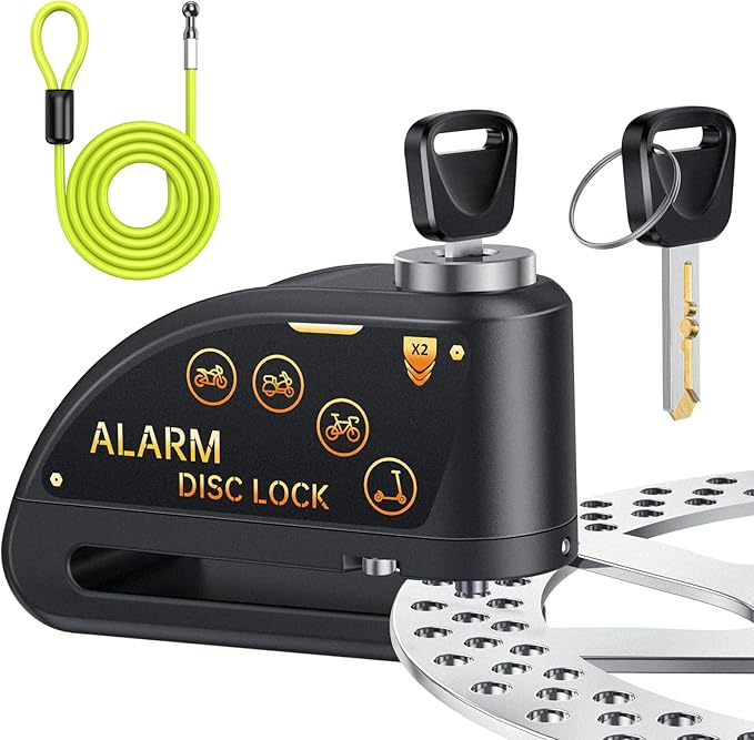 ONVIAN Rechargeable Motorcycle Lock with 120db Alarm and 6FT Steel Reminder Cable, for 7mm Pin Motorcycles Bicycles Ebike Scooter Moped (Black)
