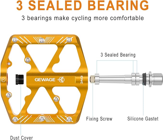 Bike Pedals 9/16 Inch - Bicycle Pedals with Reflectors - 3 Sealed Bearings MTB Pedals Wide Platform Pedals for Mountain Bike, BMX, Road Bike Pedals
