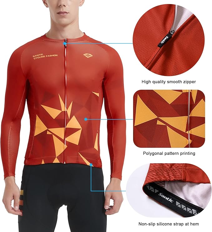 Santic Cycling Jersey Men's Long Sleeve Bike Reflective Full Zip Bicycle Shirts with Pockets