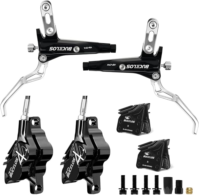 BUCKLOS MTB Hydraulic Disc Brake Set 4 Pistons Front 850mm and Rear 1550mm Hydraulic Brakes with Aluminum Alloy Lever with Caliper Ceramic Brake Pad Fit Mountain Bike,Ebike,Fat Bike HB-CP4 (Pre-Bled)