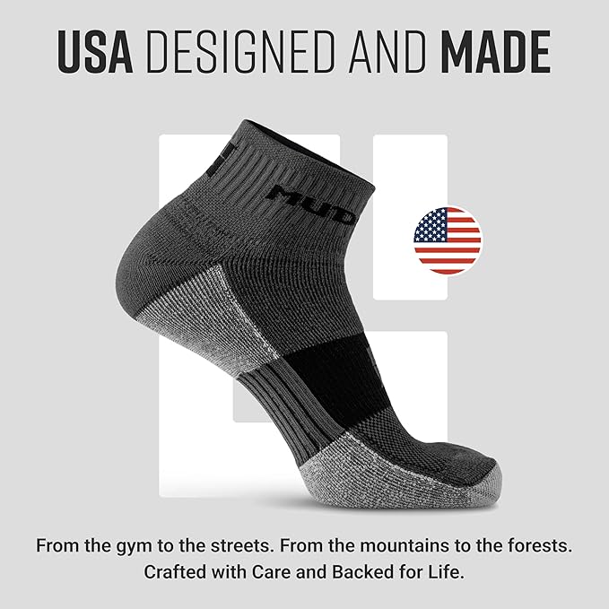 MudGear Quarter Crew Trail Socks, Blister-Resistant, Sweat-Resistant & Quick-Drying, Cushioned Footbed, Made in USA, 2-Pack