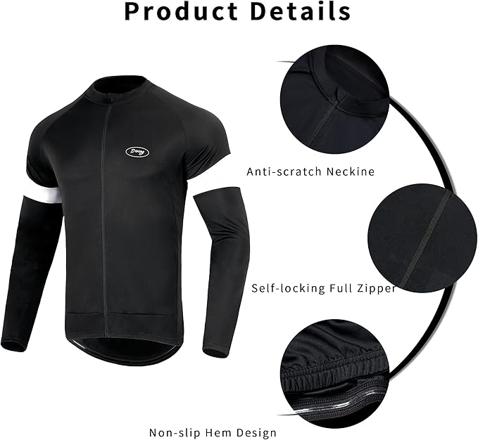Dooy Men's Cycling Bike Jersey Long Sleeve Full Zipper Biking Shirt with 3 Rear Pockets, Breathable MTB Shirts Basic Series