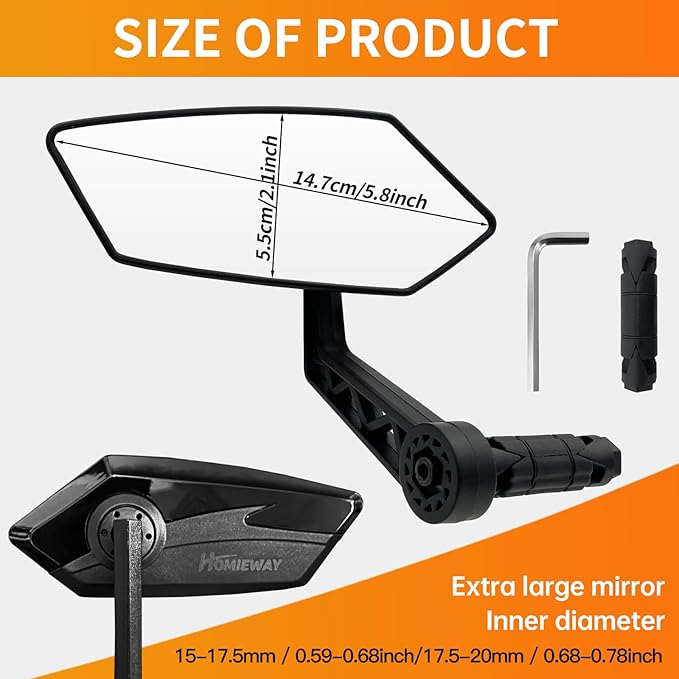 Bike Mirror, HD Glass Bicycle Mirrors for Handlebar Mount, Adjustable Bar End Bike Rear View Mirror, Scratch Resistant Handlebar Mirrors for E-bike, Mountain Bike & Scooter (Left 0.59-0.78")