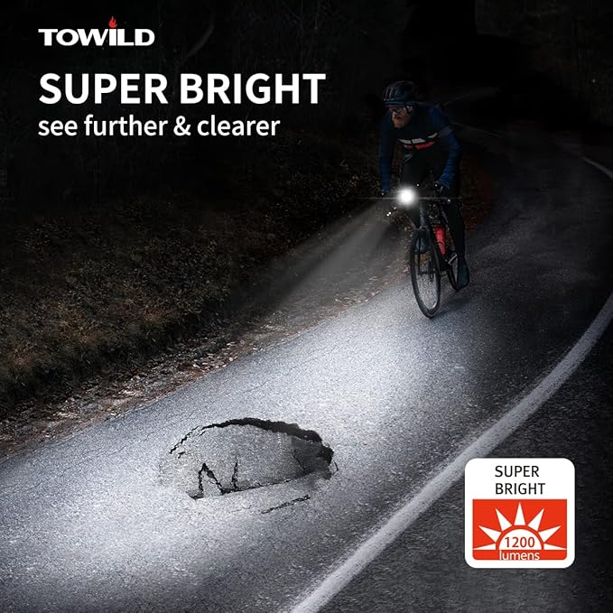 TOWILD CL1200 Bike Lights for Night Riding,Compatible with Garmin/GoPro Mount,1200 Lumen Bright Bike Headlight,Rechargeable Battery,Waterproof Bike Front Light for Commuter Cyclists
