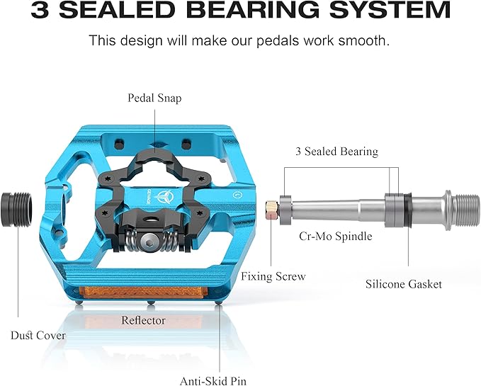 Mountain Bike Pedals with Reflector- Dual Function Plat & Clipless Pedals, Bicycle Pedal 9/16”Compatible with SPD - 3 Sealed Bearings Bicycle Platform Mountain Pedals