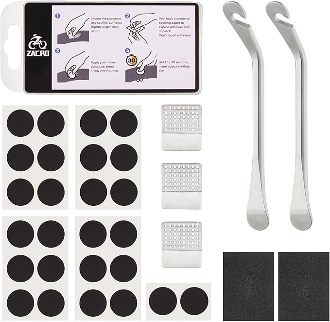 Zacro Bike Tire Repair Kit, Bike Tube Patch Kit with Stainless Steel Tire Levers, 24 PCS Bike Tube Patches,Metal Rasp, Bike Patch Kit for Mountain and Road Bike
