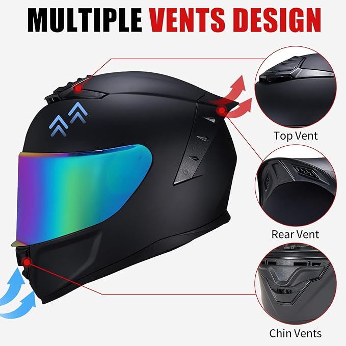 Full Face Motorcycle Helmet,Helmets for Adults Motorcycle, MG611 Motorbike Racing Street Bike Helmets with Black Visor for Men Women,DOT Approved (Matte Black-Colorful+ Mask, M)