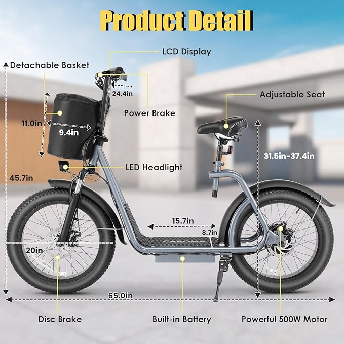 Caroma Electric Scooter with Seat for Adults, 800W Peak Motor, 20MPH & 30Miles Long Range, 20" Fat Tire Commuter E-Scooter with Basket for Grocery, Pets, and Daily Commute
