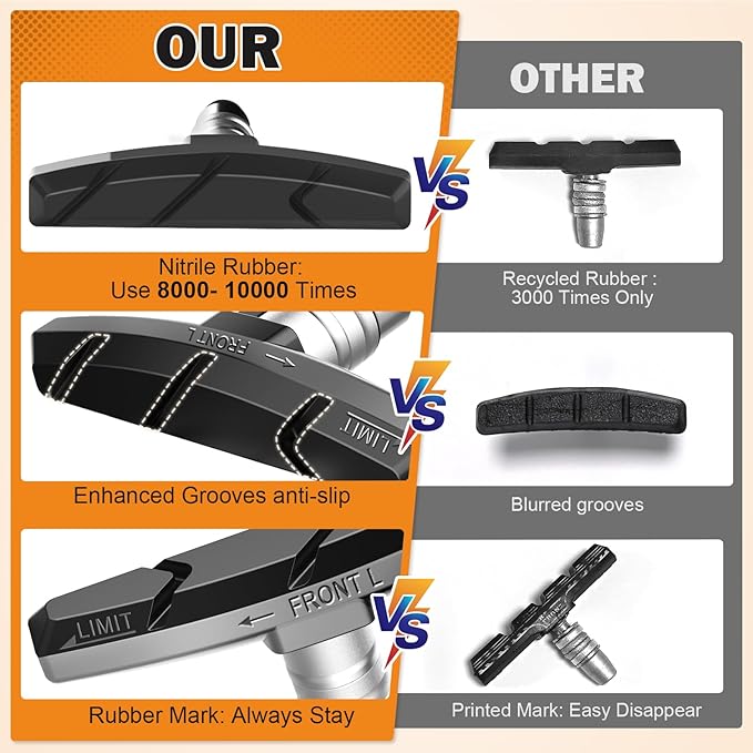 Alritz Bike Brake Pads Set, 4 Pairs Road Mountain Bicycle V-Brake Blocks Shoes with Hex Nut and Shims, No Noise No Skid, 70mm