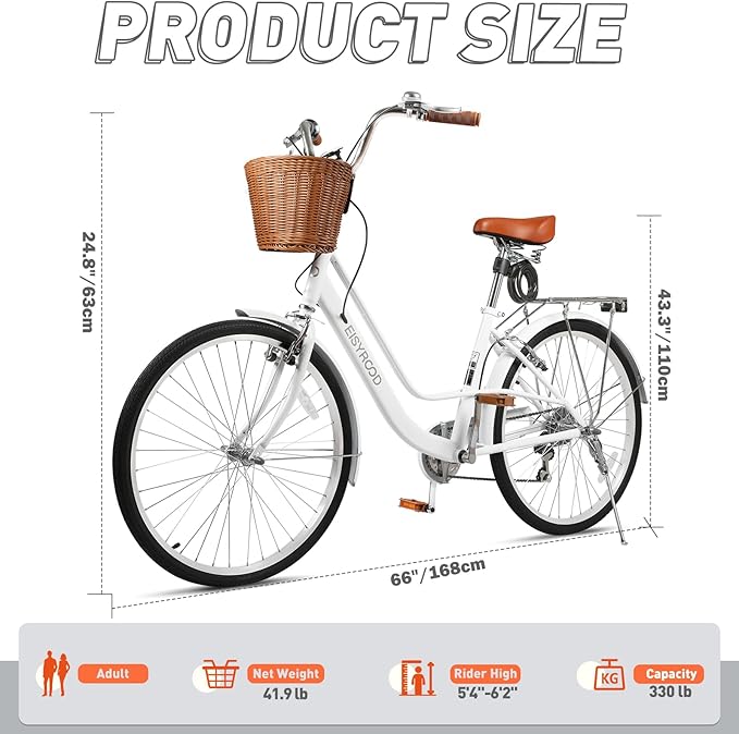 26 Inch Women Beach Cruiser Bike, 7 Speed Hybrid Cruiser Bike with Adjustable Seat, Beach Cruiser Commute Bike with Lightweight, Anti-Skid Tires & V-Brakes for Women (White)