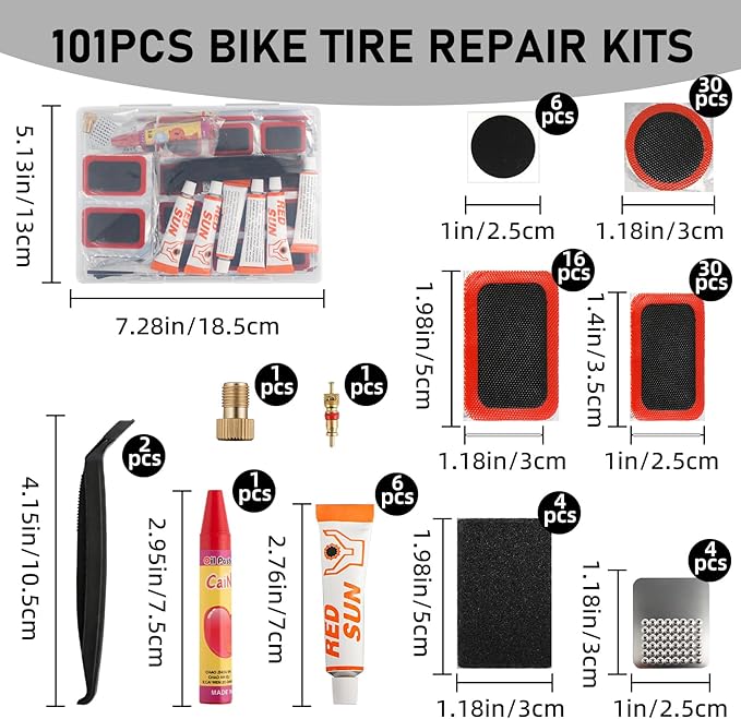 Bike Tire Repair Kit, 101 Pcs Bicycle Tube Patch Kit with Vulcanizing Patches & Tire Repair Glue, Portable Inner Tube Repair Kit for Mountain Road Bike, Motorcycle & Inflatable Tires