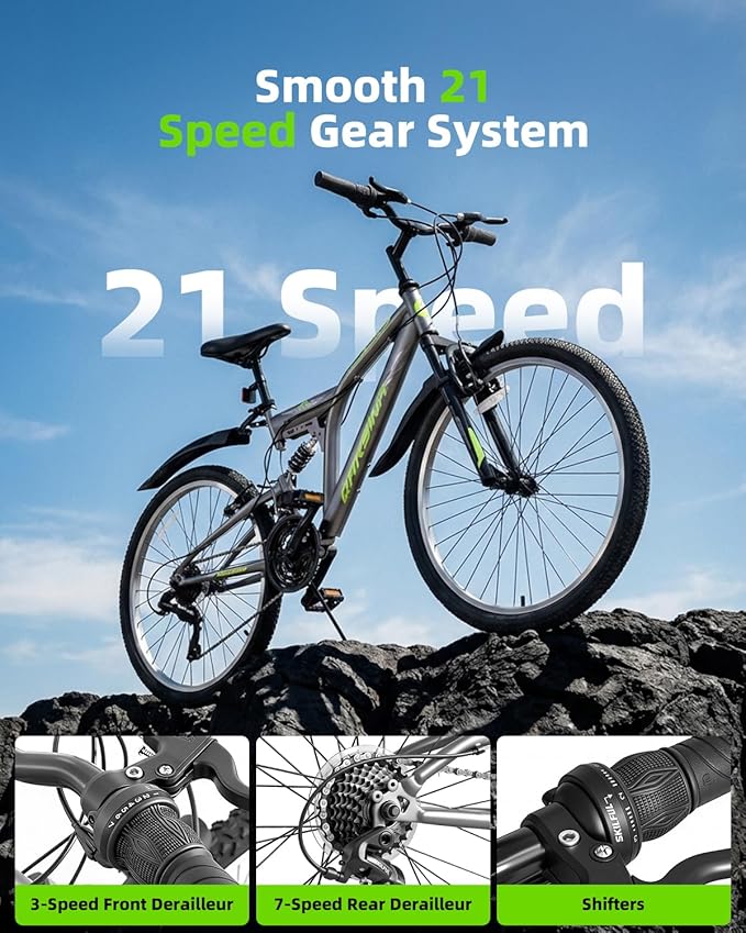 24 Inch Mountain Bike for Men & Women, 21-Speed Full Suspension MTB, High-Carbon Steel Frame, Quick Release Front Wheel, Dual Fenders, Easy Assembly, Trail & Commuter Bicycle