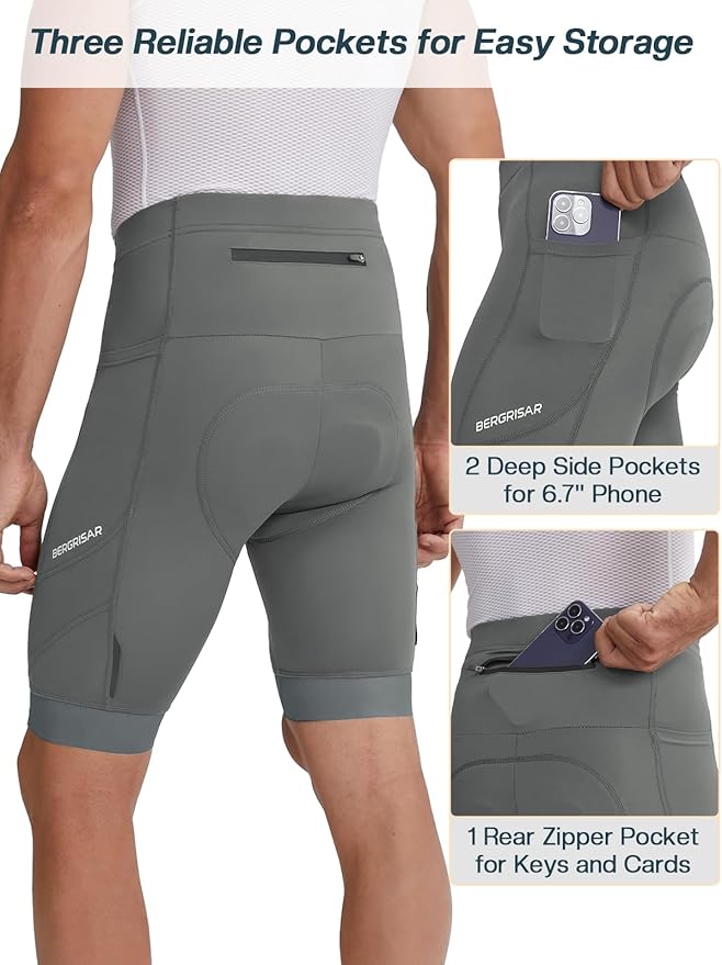 BERGRISAR Men's 4D Padded Bike Shorts Cycling Shorts with Zipper Pocket Biking Bicycle Shorts