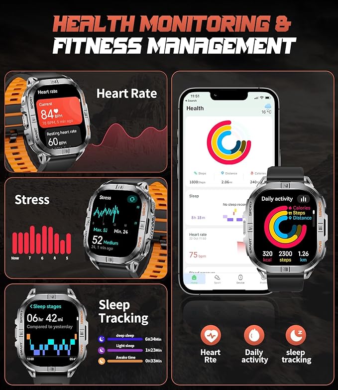 LIGE DM6 GPS Military Smart Watch for Men, 2.13'' AMOLED Always on Display Fitness Tracker, LED Flashlight/Compass/IP68 Waterproof Smartwatch, 170+ Sports Smartwatches for Android iOS, Black-Orange