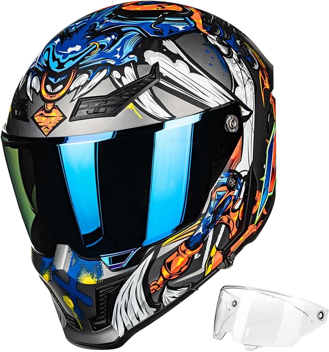 ILM Motorcycle Helmets for Adult Men Women Full Face DOT ECE Powersports Dual Visor Street Racing Helmet with Pinlock Cascos para Motos Model MF509 (Ronin Blue, S)