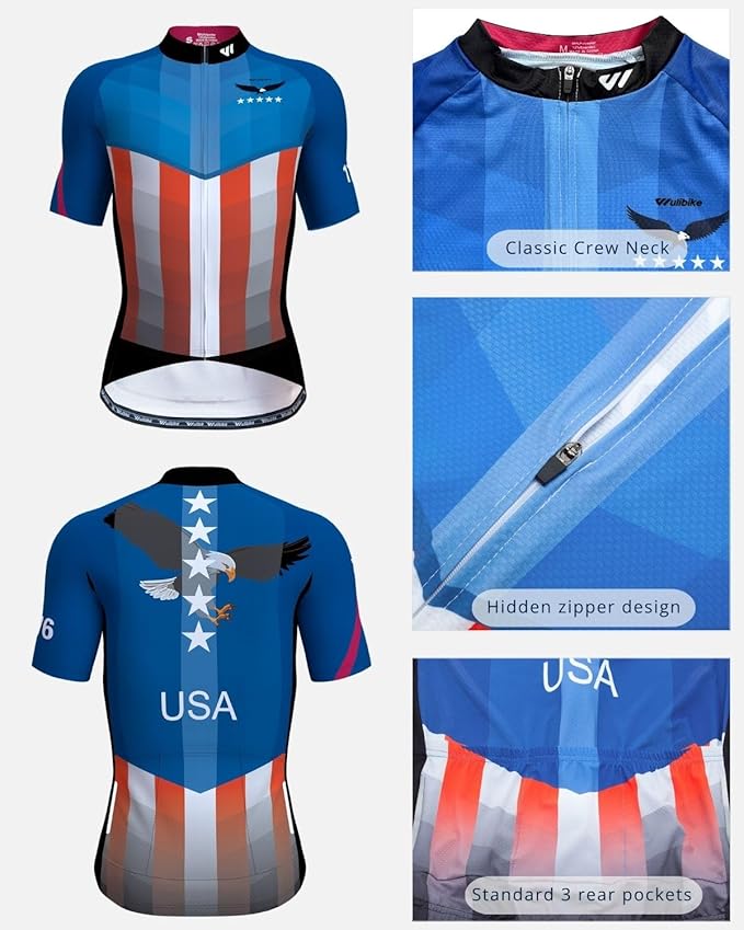 Lo.gas USA Cycling Jersey Men Short Sleeve Bike Biking Shirts American Flag Road Bicycle Clothing Full Zip with Pockets