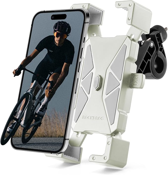 ROCKBROS Bike Phone Mount Holder,Motorcycle Phone Mount Phone Holder for Bike Motorcycle E-Bike Cell Phone Clamp for iPhone 16 15 Pro Max/ 14/13, Galaxy S10 and More 4.5-7.2" (White)