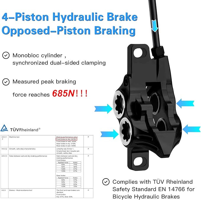 ZTZ IIIPRO IV4 Upgraded 4-Piston Hydraulic Brake Set, Hydraulic Disc Brake Kit with Ceramic Brake Pads for Mountain Bike/Ebike/Folding Bike/Fat Bike（Left Front 850mm and Right Rear 1550mm）