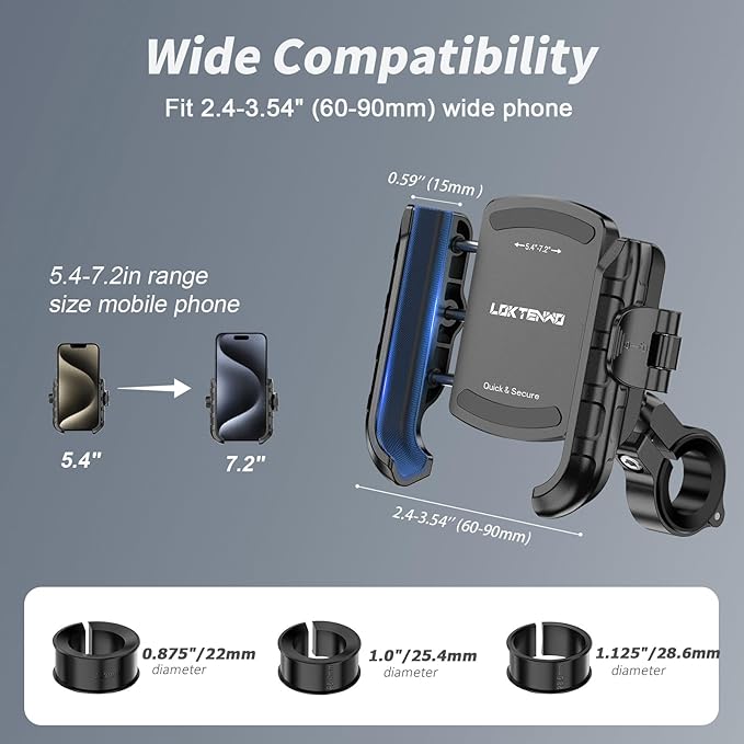 Bike Motorcycle Phone Mount with Aluminum Alloy Mounting Base, [1s Lock & Release] [Camera Friendly] Bicycle Handlebar Cell Phone Holder for Scooter ATV, Fit 5.4-7.2" Smartphone