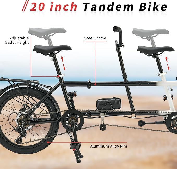 Folding Tandem Bike,20 Inch 7-Speed Two Person Bicycle, High Carbon Steel City Beach Cruiser with Dual Disc Brakes, Adjustable Seat Height, Portable 2-Seater Bike for Travel
