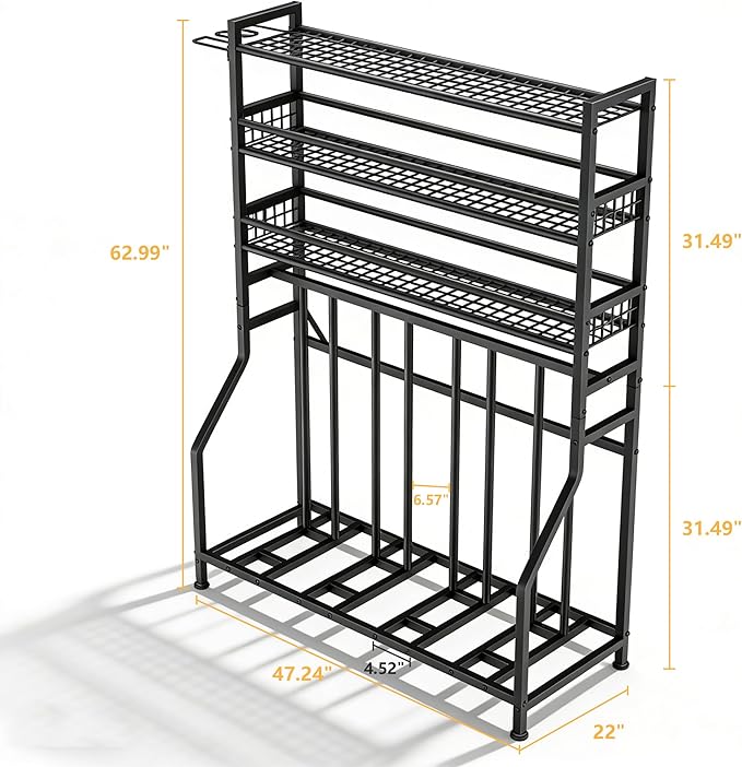 YOHKOH Bike Rack Garage, 4 Bike Stand with 3-Tier Storage Shelves & Side Holder, Heavy-Duty Bicycle Storage Rack for Garage Organizer, Adjustable Slots, 47.2" W x 22" D x 63" H