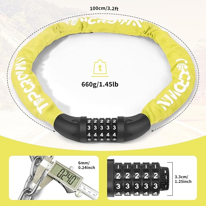 Bike Chain Lock 3.2Ft Long High Security Heavy Duty Anti Theft, 5 Digit Combination Resettable Keyless Bicycle Lock for Bike/Electric Scooter/Ebike/Motorcycle(Lemon Yellow)