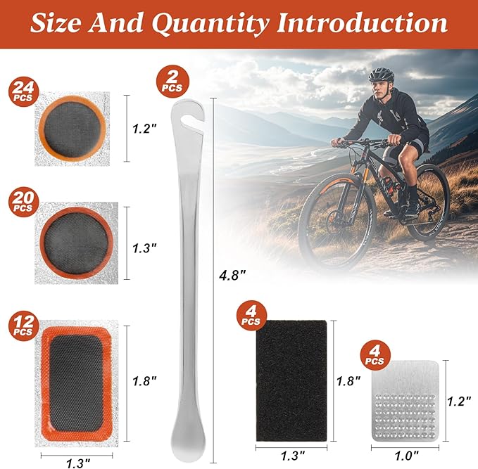 66PCS Bike Tire Repair Kit - Bike Tire Patch Kit with 56 Vulcanizing Patches, 2 Premium Stainless Steel Levers,Tools Inner Tube for Mountain Bike Accessories BMX Road Bicycle Ebike Scooter