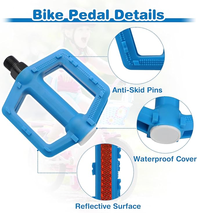 ZUKKA Bike Pedals 1/2-Inch Bike Pedals Non-Slip Kids Bike Peals with Reflective Strips on Sides Multiple Color for Mountain Bike Kid Bike Freestyle BMX Bike