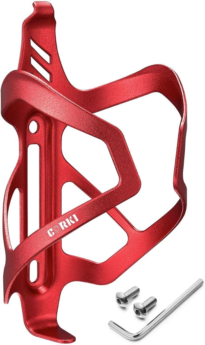 Corki Cycles Heavy Duty Bike Water Bottle Holder, Lightweight Aluminum Cage Shockproof Design for Road Mountain Gravel Bikes, Holds 18-30 oz, 1-Pack Red