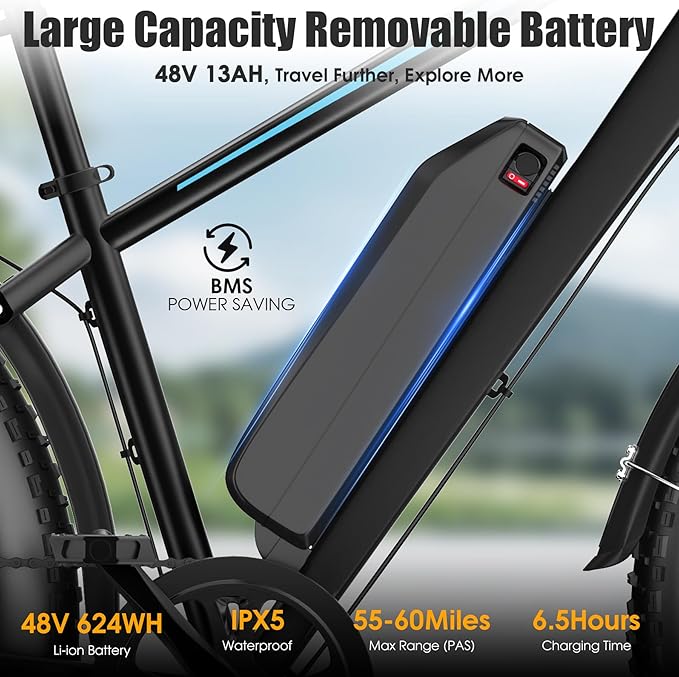 Electric Bike for Adults, 1000W Peak 25MPH 60Miles Ebike,48V 13AH Battery Electric Mountain Bike, 26" x 4'' Fat Tire Electric Bicycle with Rear Rack, Fenders, 7 Speed, UL 2849 Certified