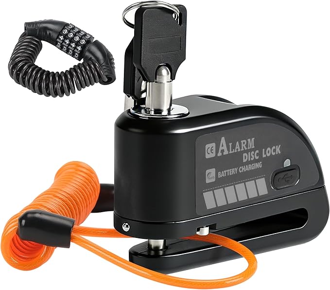 Rechargeable Motorcycle Disc Lock with 120dB Alarm, 5FT Reminder Cable with Anti-Theft Helmet Lock Cable, IP67 Waterproof, Universal Fit for Motorcycle Bike Scooter Ebike