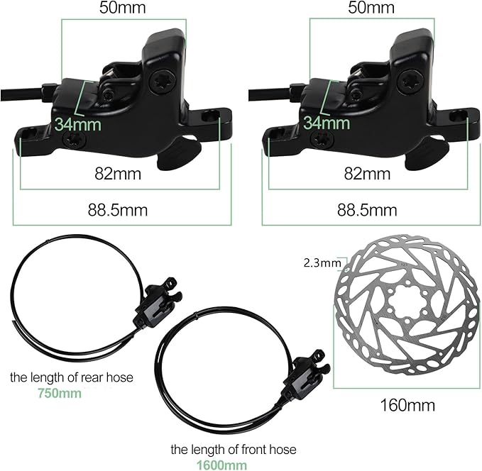 Bike Hydraulic Brakes Set, Front 750mm Rear 1600mm 2 Piston Kit with 160mm 6-Bolt Disc Brake Rotor, Aluminum Allloy Lever,Disc thickness 2.3 mm,Bracket, Calipers,fit MTB Mountain City Electric Bike